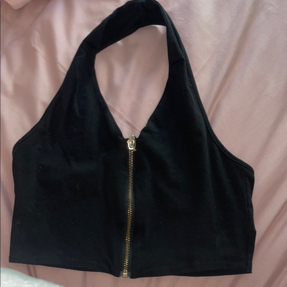 Black Halter Top with Gold Zipper
